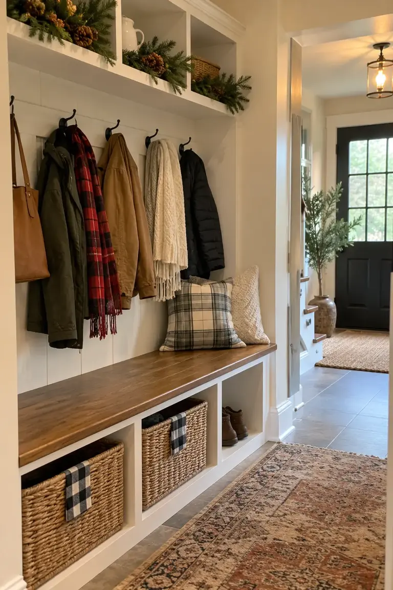 Practical Christmas mudroom with buffalo check basket tabs and evergreen sprigs