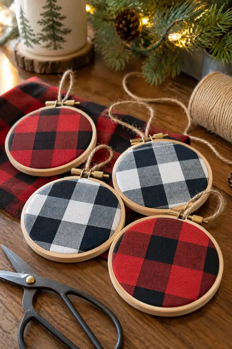 Handmade buffalo check fabric ornaments in small embroidery hoops on a craft table