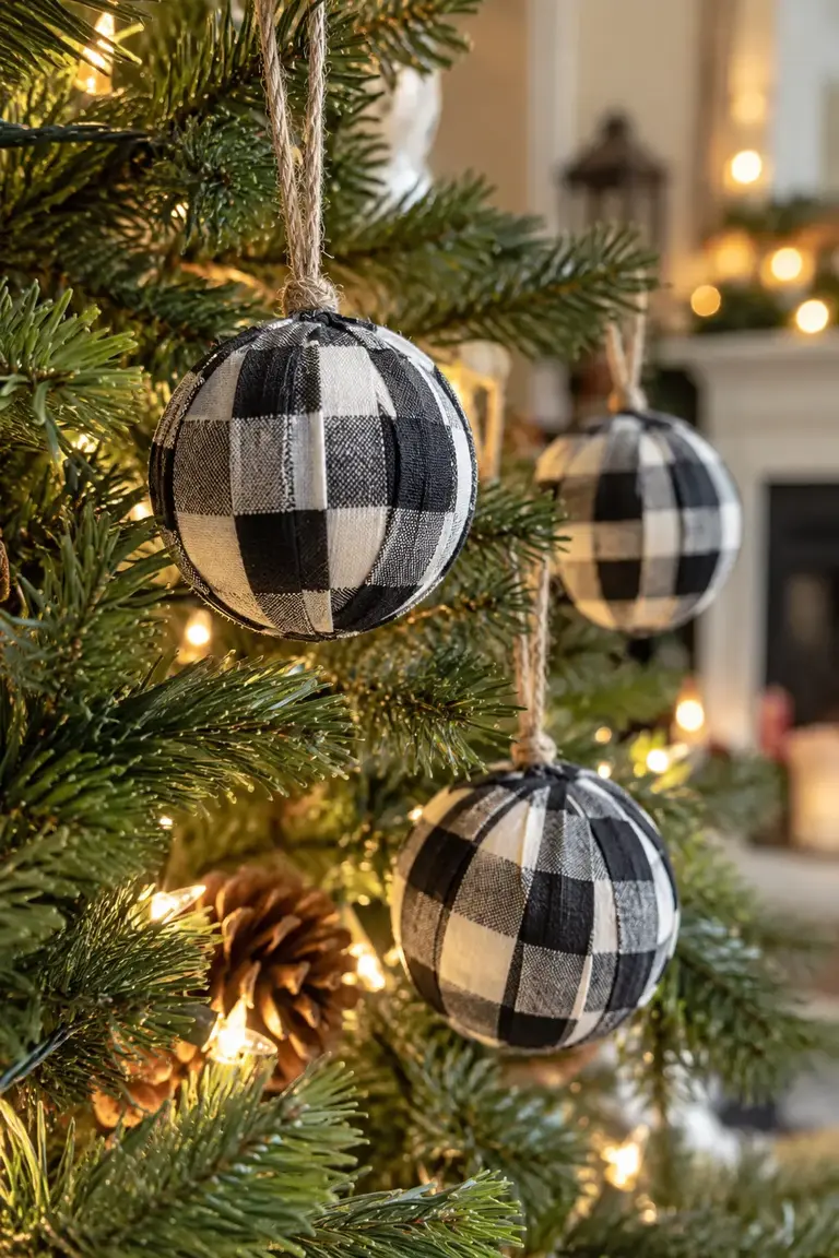 Black-and-white buffalo check fabric ball ornaments hanging on evergreen branches