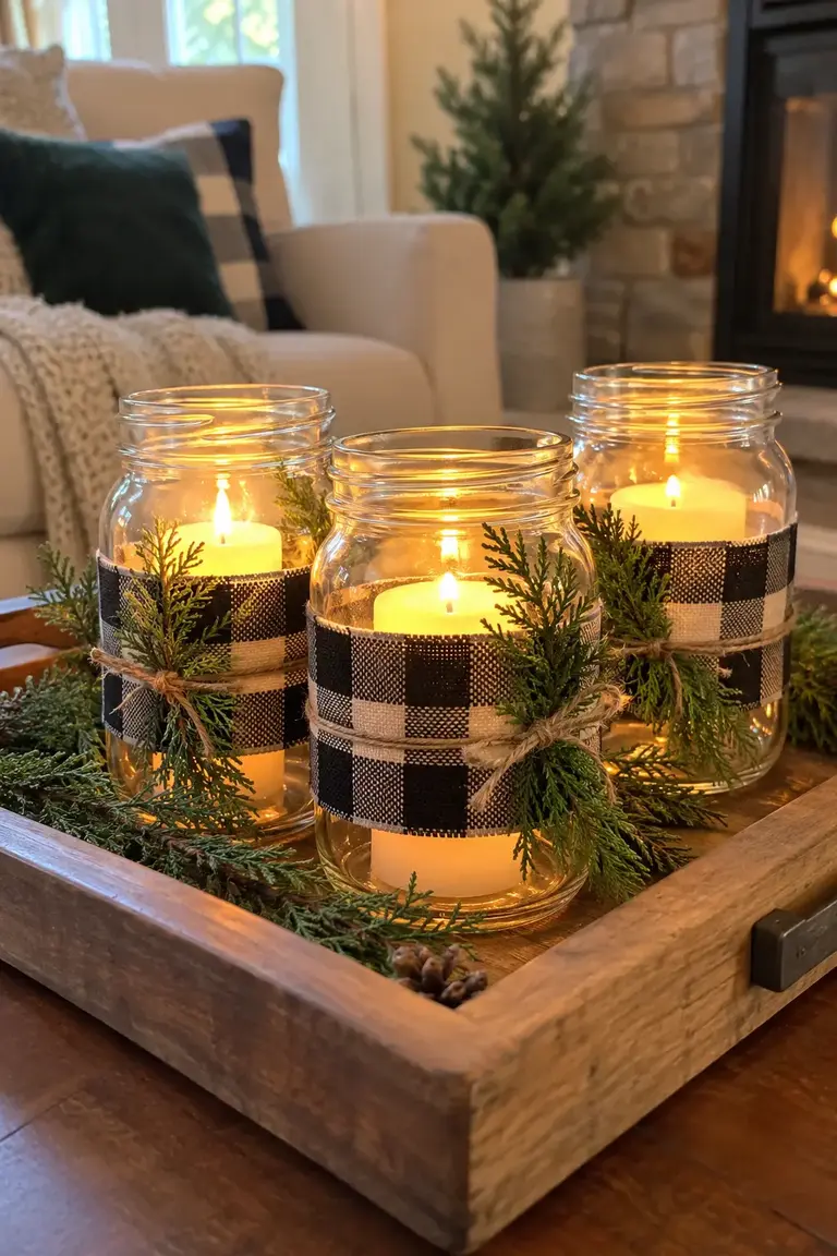 Mason jar lanterns with buffalo check fabric bands, cedar sprigs, and battery candles