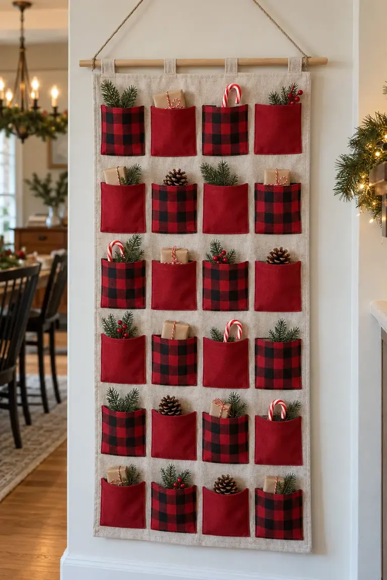 Handmade wall advent calendar with 24 red and buffalo check fabric pockets