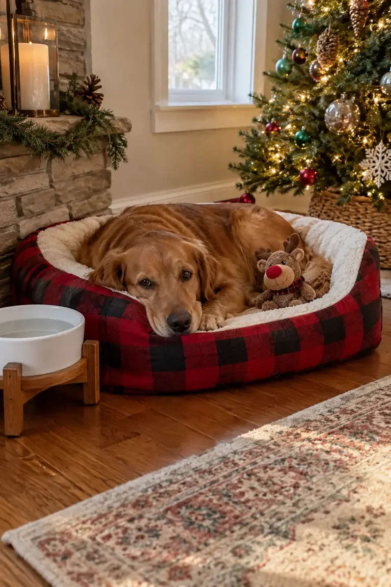 Cozy dog bed with a washable buffalo check cover beside safe Christmas decor