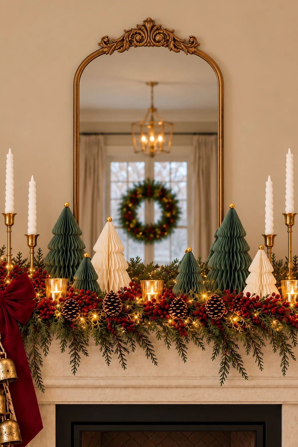 Antique gold arched mirror with an ornate crest above a cream Christmas mantel.
