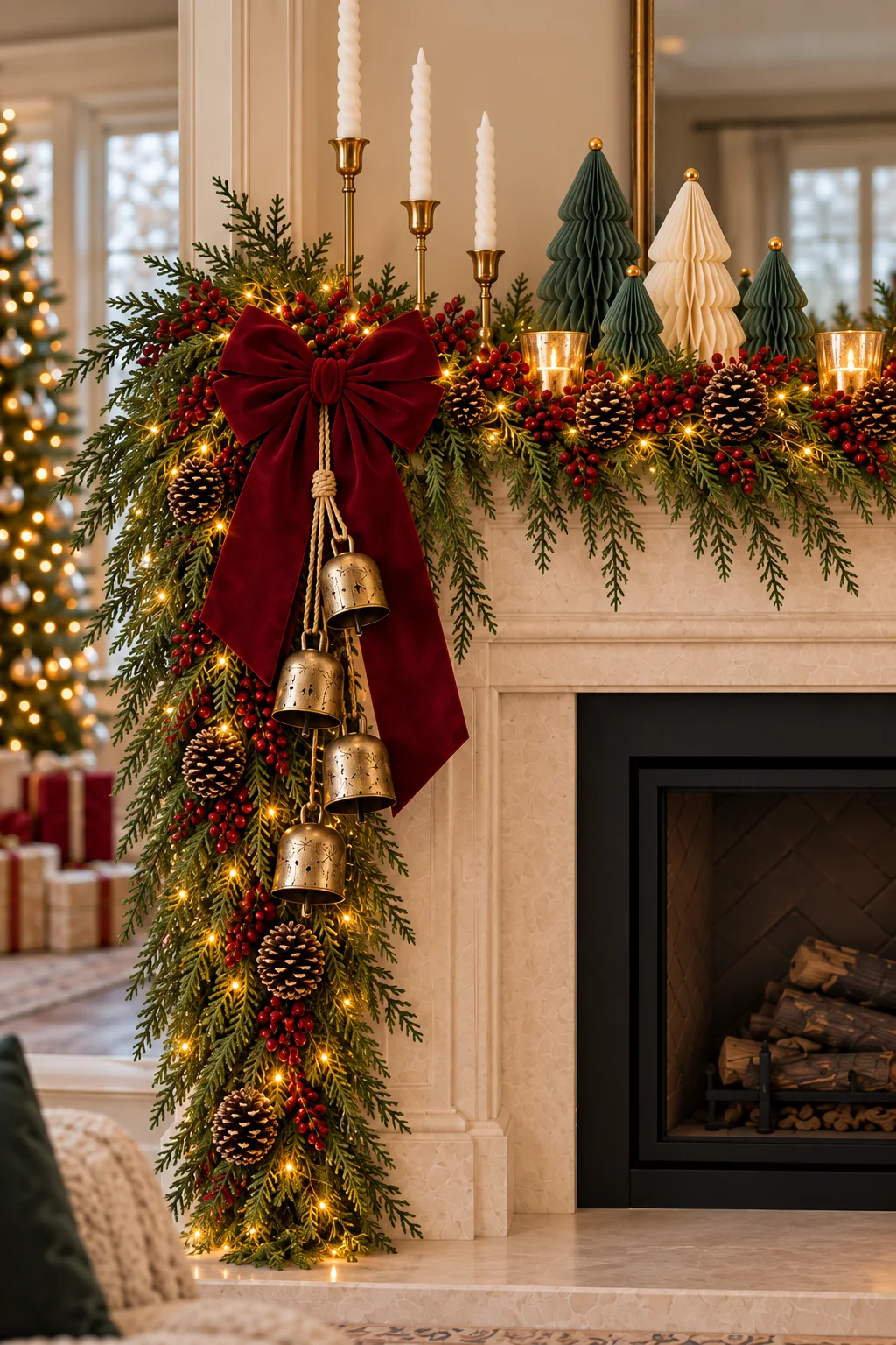 Soft Norfolk pine garland draped across a cream mantel with a longer cascade on the left.