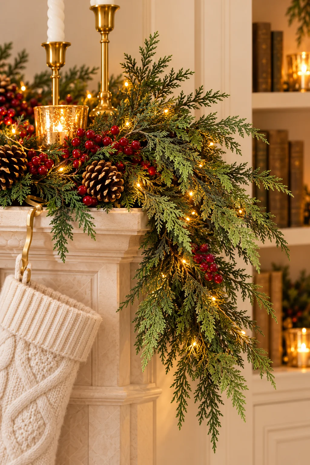 Detailed faux cedar sprays layered into Norfolk pine greenery on the decorated mantel.