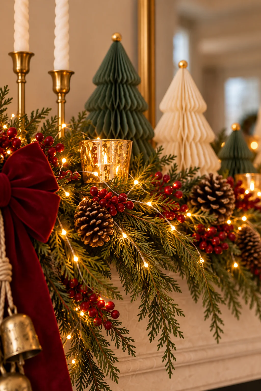 Tiny warm-white LEDs on fine wire woven through the Christmas mantel greenery.