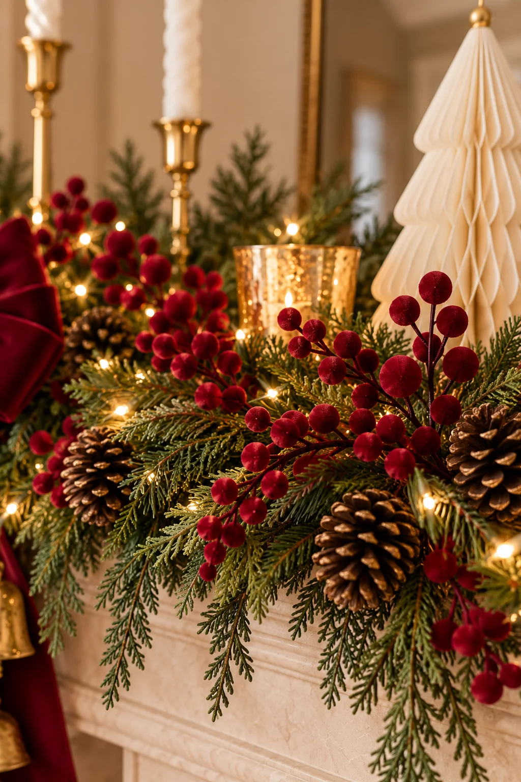 Matte burgundy velvet berries on slender stems nestled among green cedar and Norfolk pine.