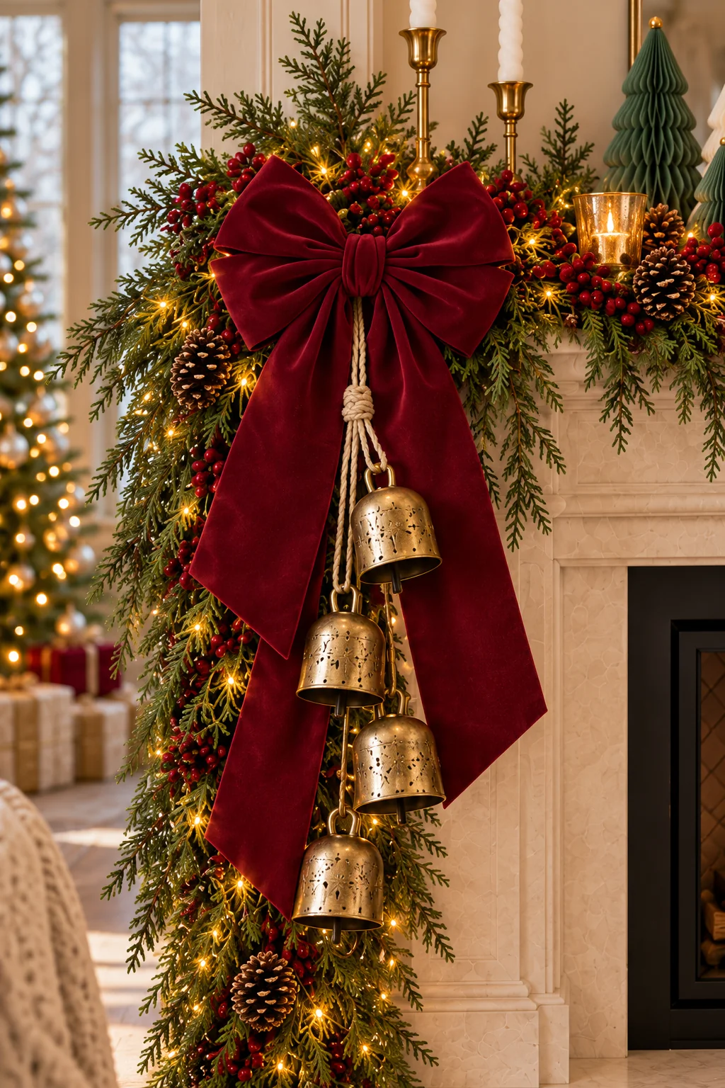 Large burgundy velvet bow with sculpted fan-shaped loops and long pointed tails on the left of the mantel.