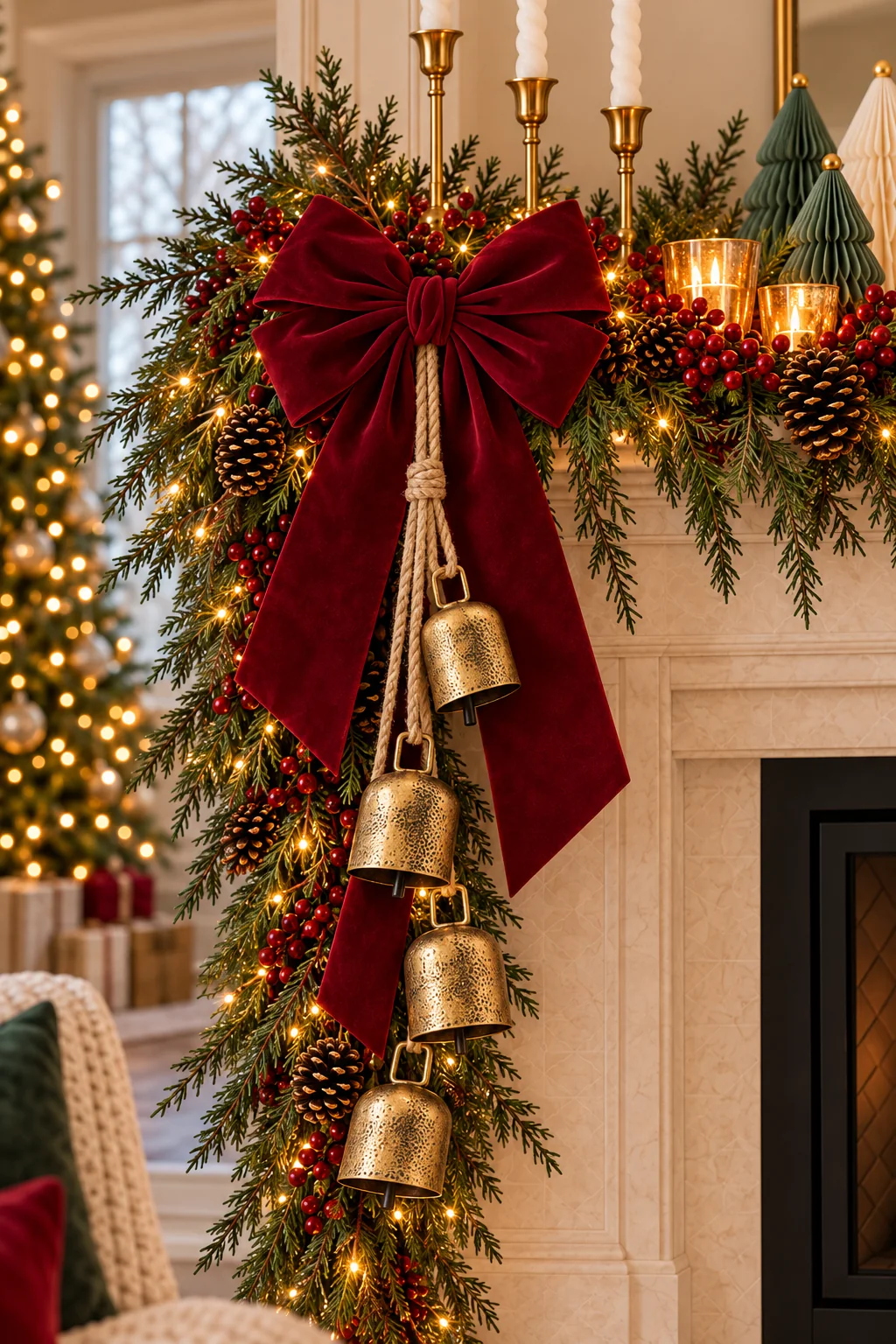 Four rounded hammered gold bells suspended at different lengths from knotted natural-colored rope beneath a burgundy bow.