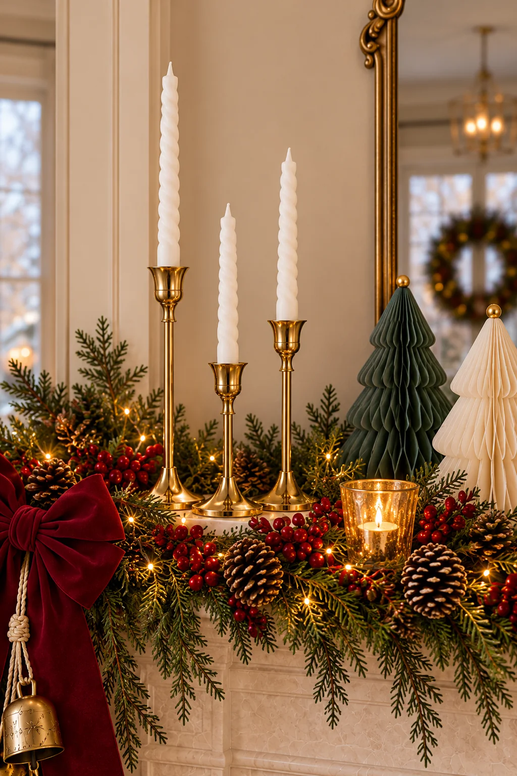 Three gold taper candleholders with tulip-shaped cups, slim stems, and round bases holding unlit white spiral candles.