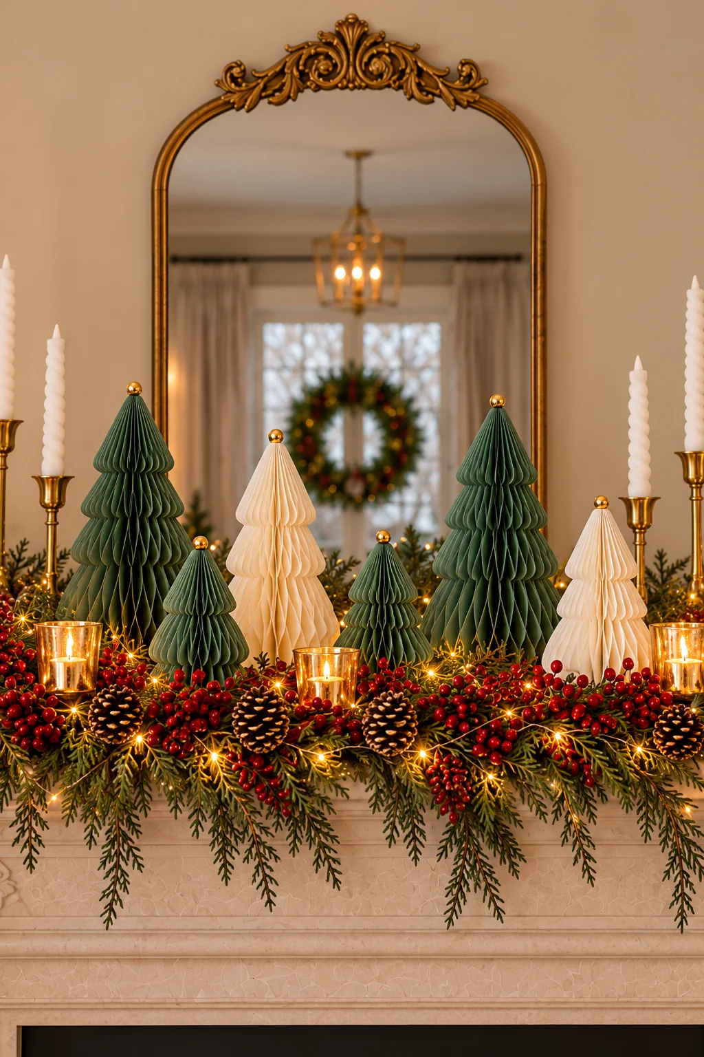 Six folded honeycomb paper Christmas trees, four green and two ivory, each topped with a gold ball.