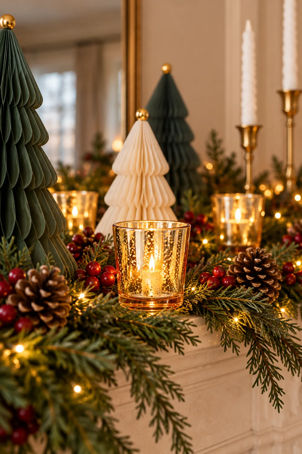 Small gold mercury-glass votive with an irregular speckled finish glowing beside folded paper trees and greenery.