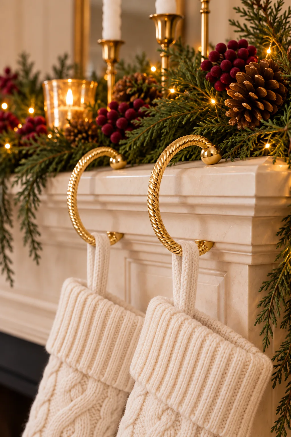 Gold rope-textured curved stocking clips fitted over the cream mantel edge, with ivory stocking loops on the lower hooks.