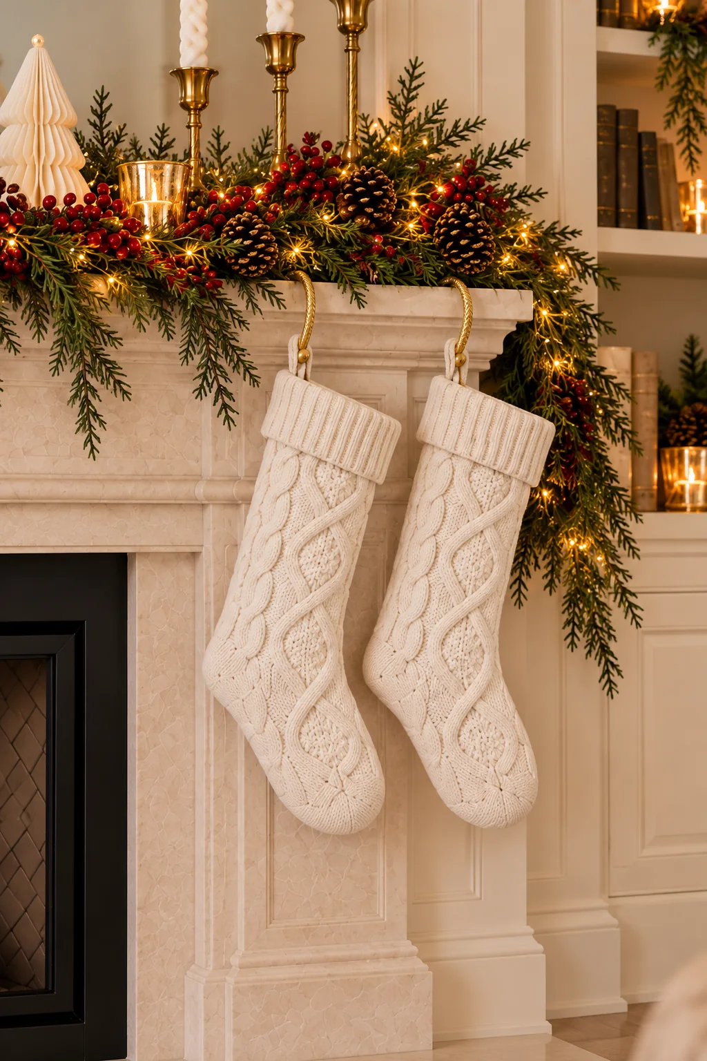 Two ivory cable-knit Christmas stockings with folded ribbed cuffs hanging together on the right side of the cream fireplace.
