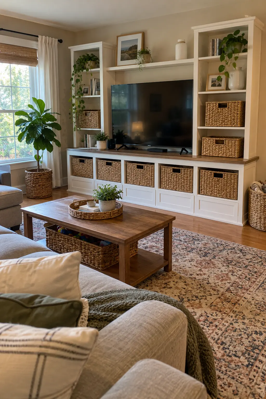 Hide Visual Clutter in Matching Containers in a realistic budget-friendly living room