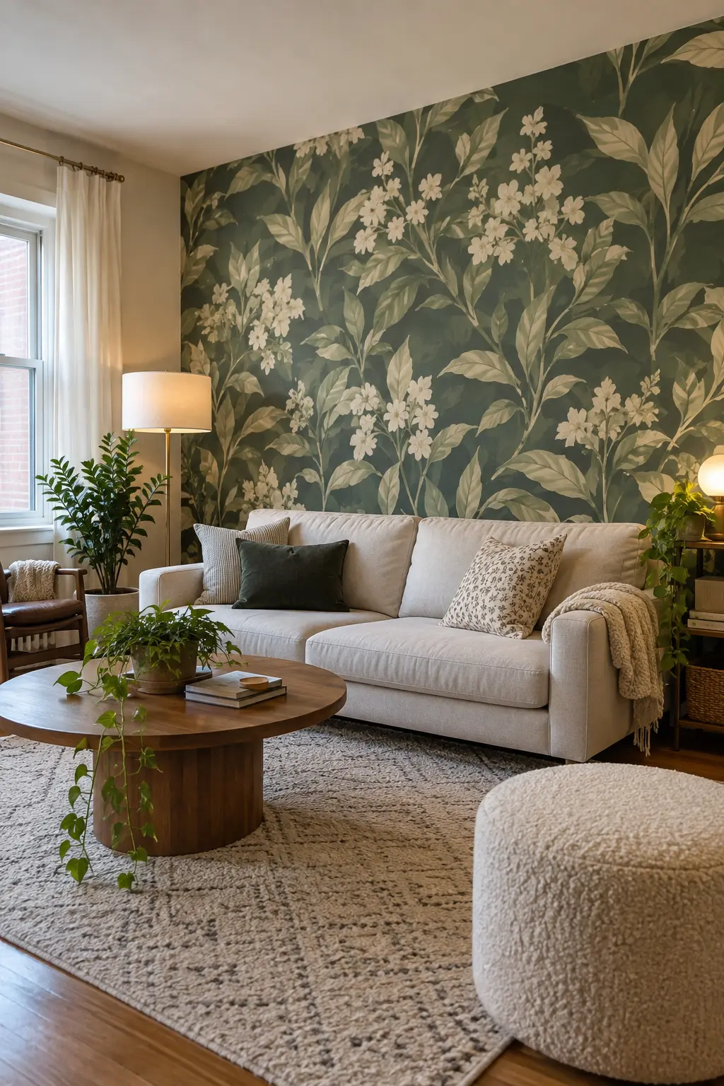 Add Peel-and-Stick Wallpaper to One Wall in a realistic budget-friendly living room
