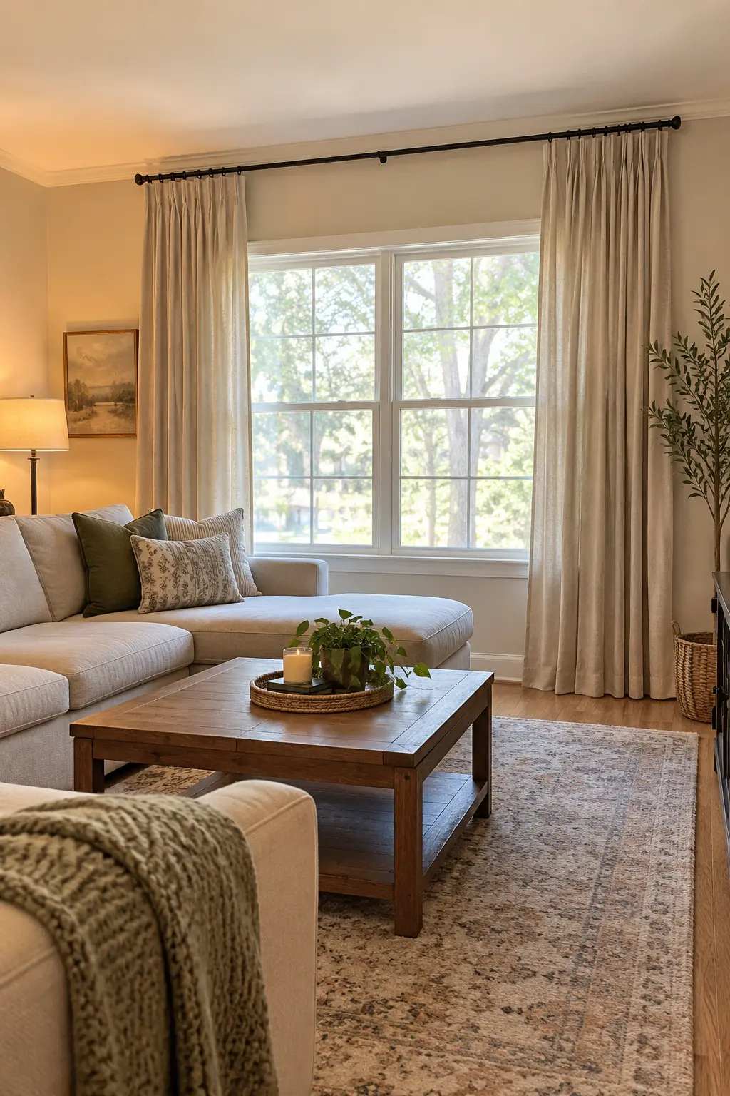 Hang Curtains High and Wide in a realistic budget-friendly living room