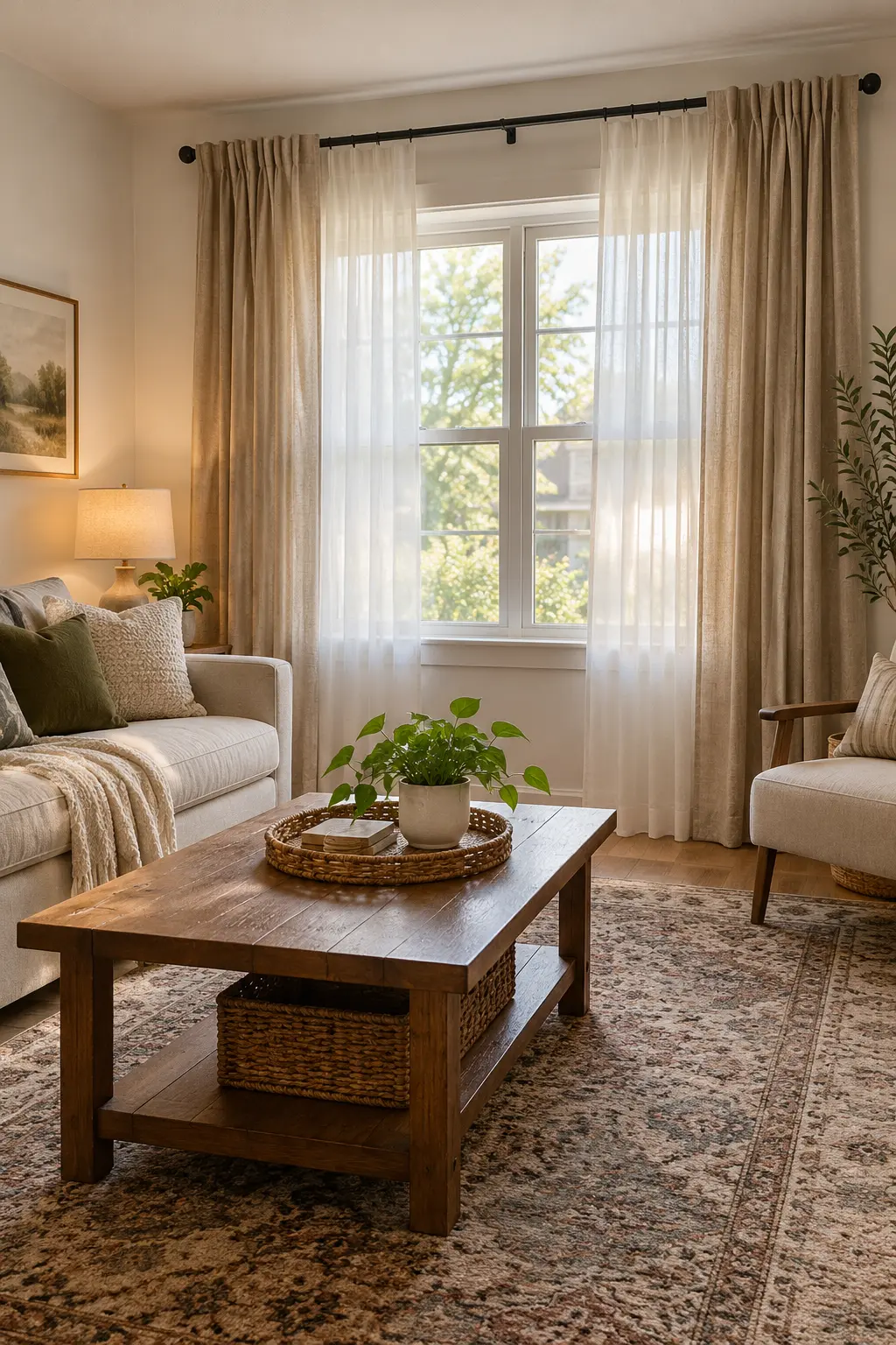 Layer Affordable Curtains for a Custom Look in a realistic budget-friendly living room