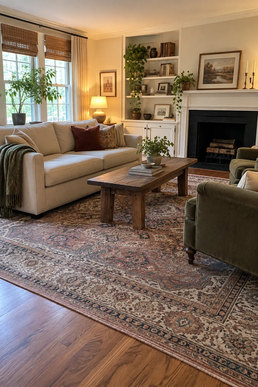 Use a Larger Secondhand Area Rug in a realistic budget-friendly living room