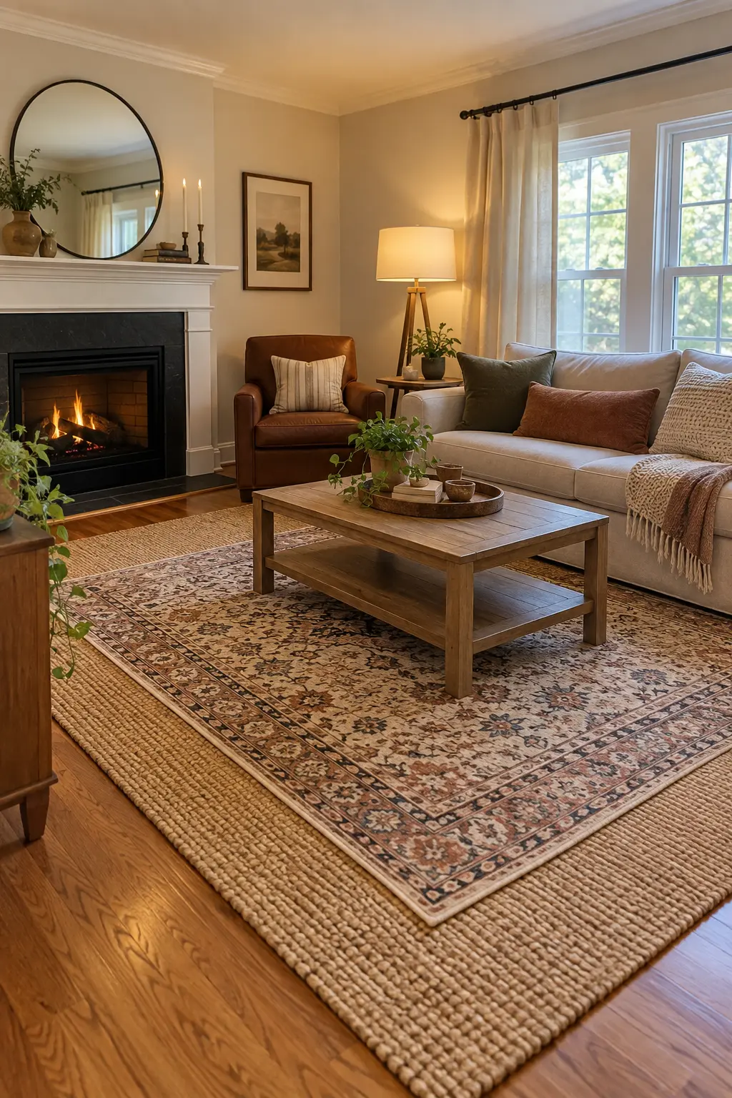 Layer a Small Rug Over a Plain Base in a realistic budget-friendly living room