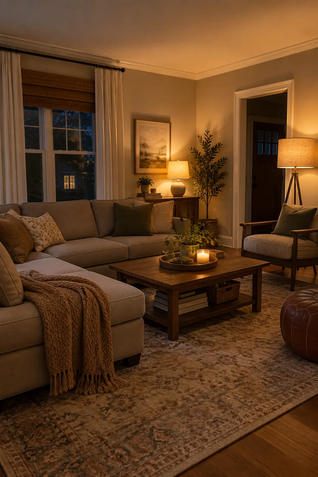 Replace Harsh Overhead Light With Layers in a realistic budget-friendly living room