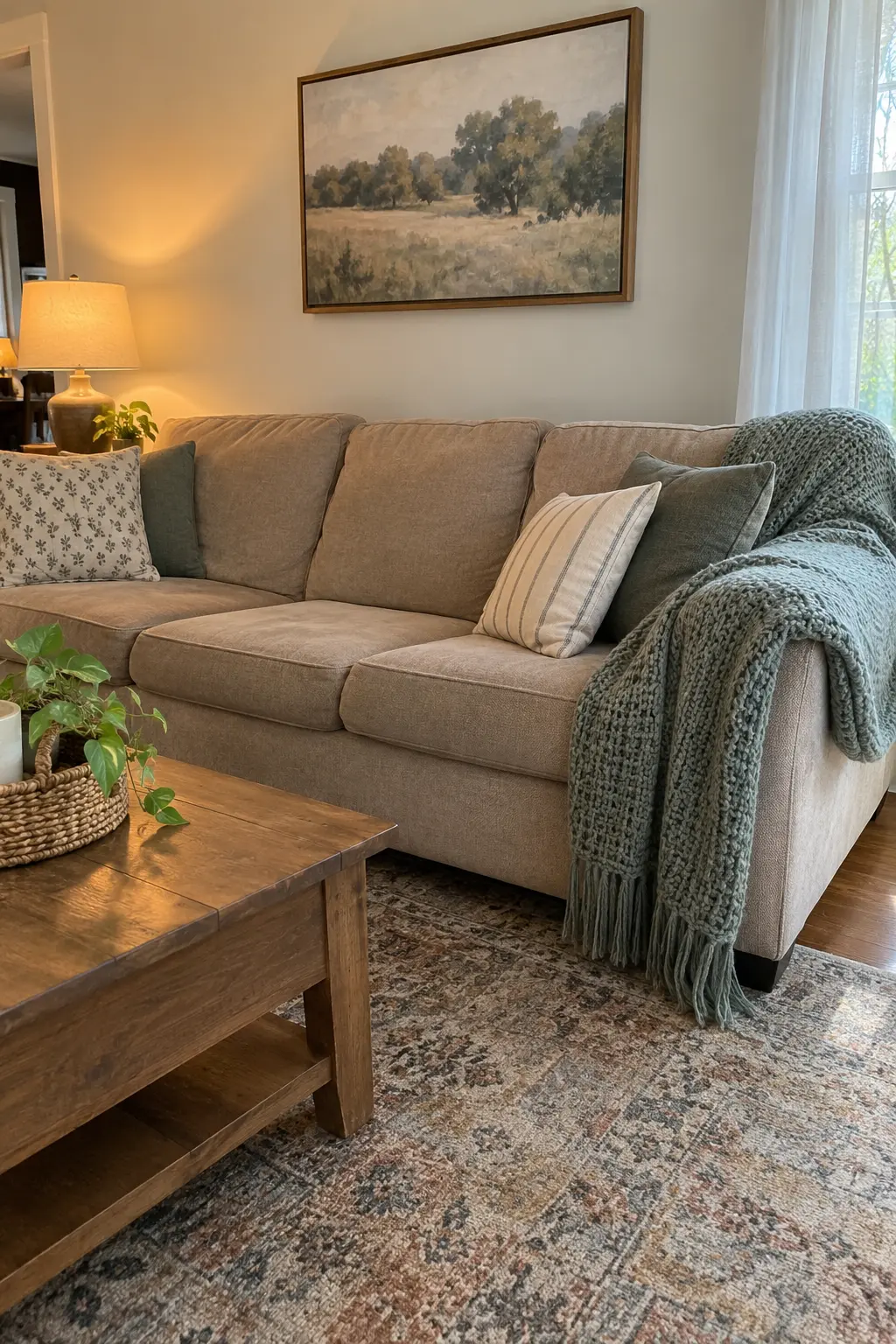 Drape a Throw Over Worn Upholstery in a realistic budget-friendly living room