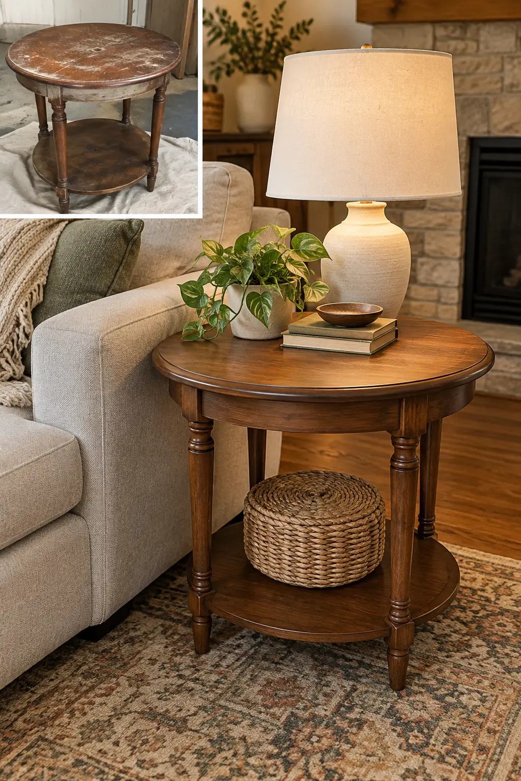 Strip and Stain a Wood Side Table in a realistic budget-friendly living room
