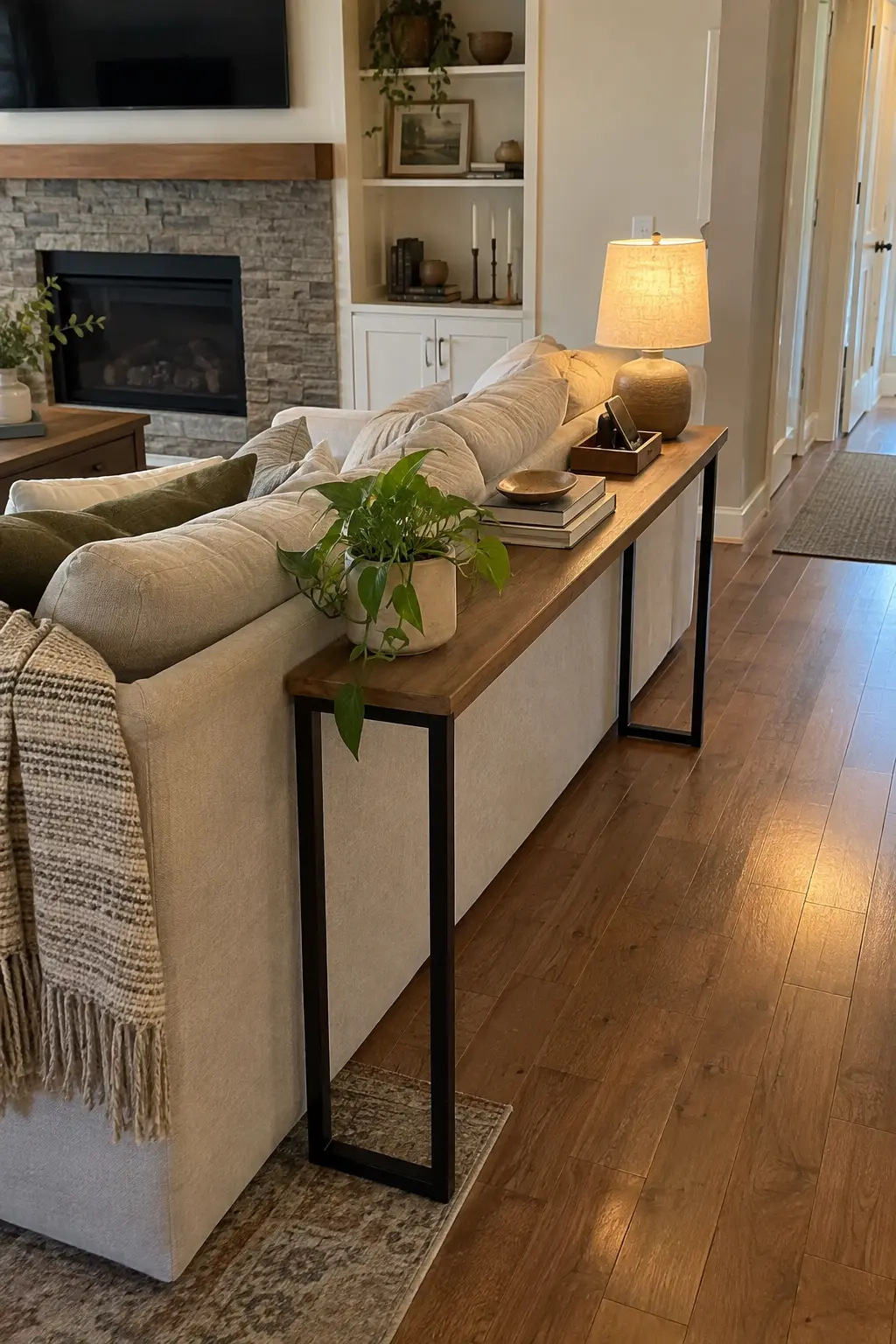 Build a Sofa Table From a Narrow Shelf in a realistic budget-friendly living room