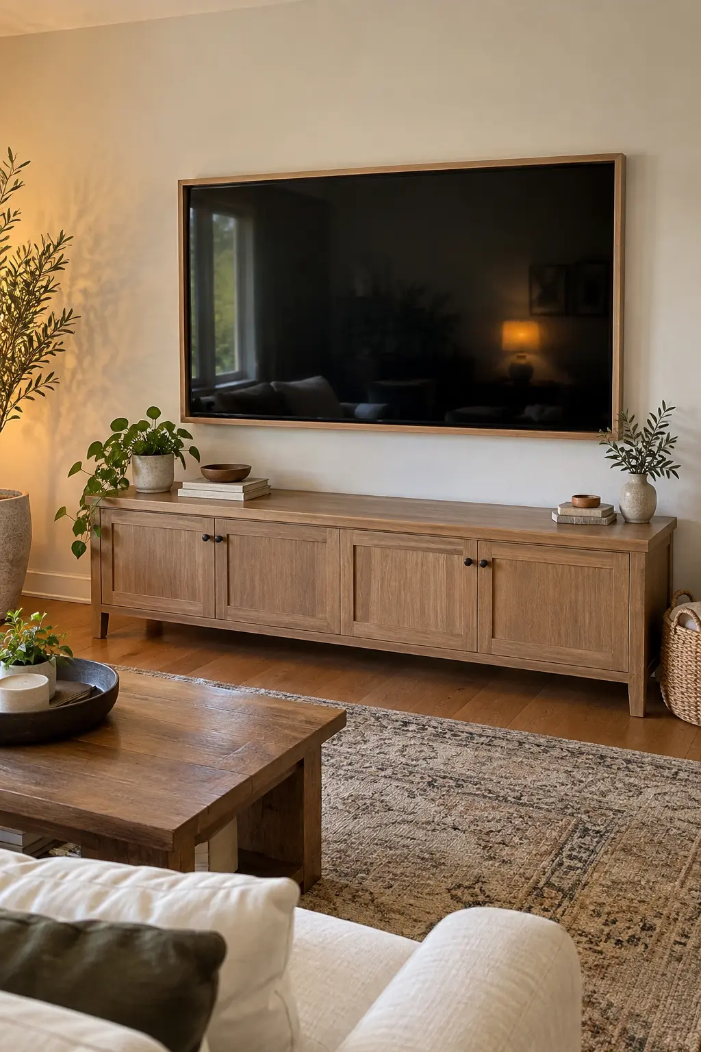 Frame the TV With Simple Wood Trim in a realistic budget-friendly living room