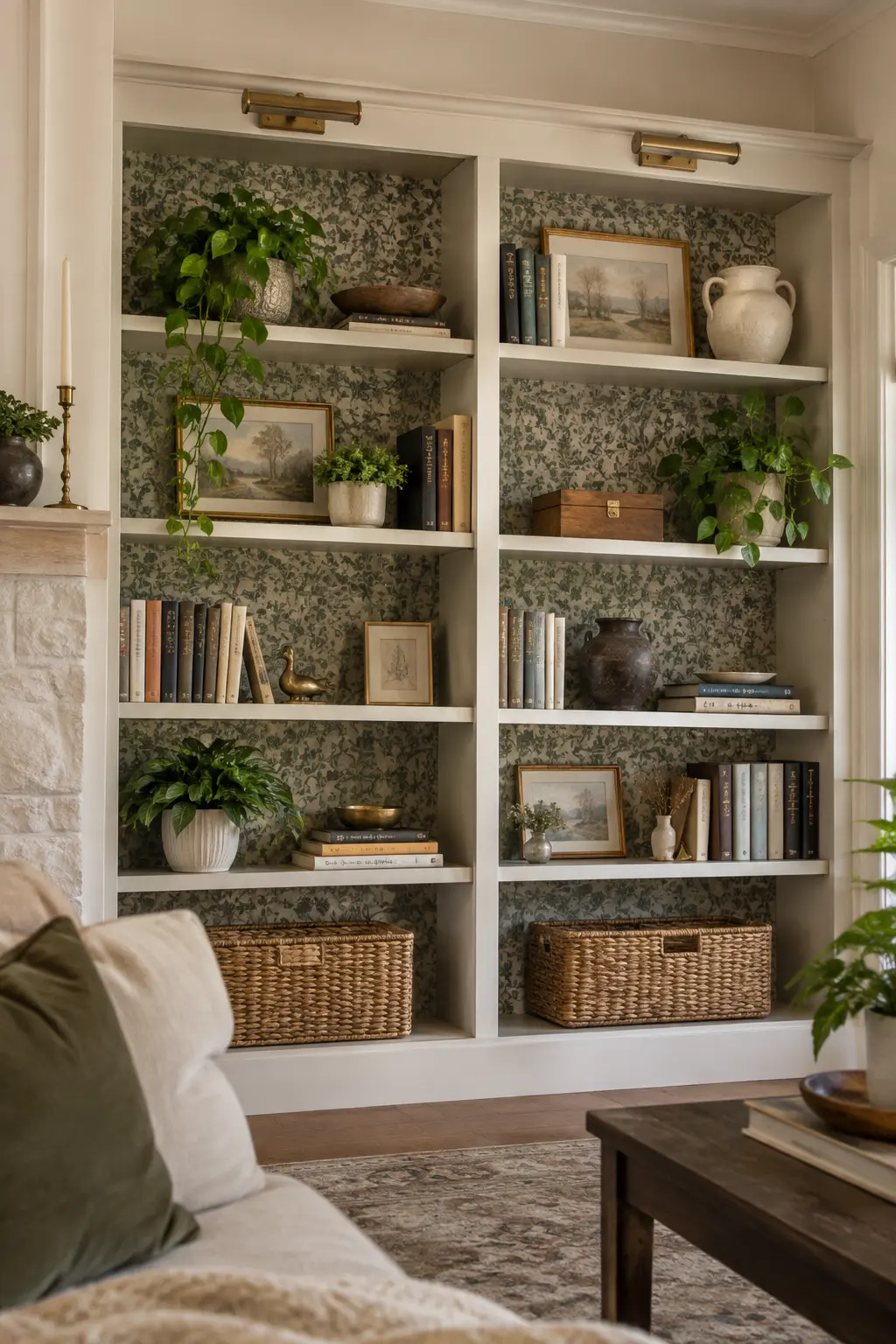 Add Removable Panels Behind Open Shelves in a realistic budget-friendly living room