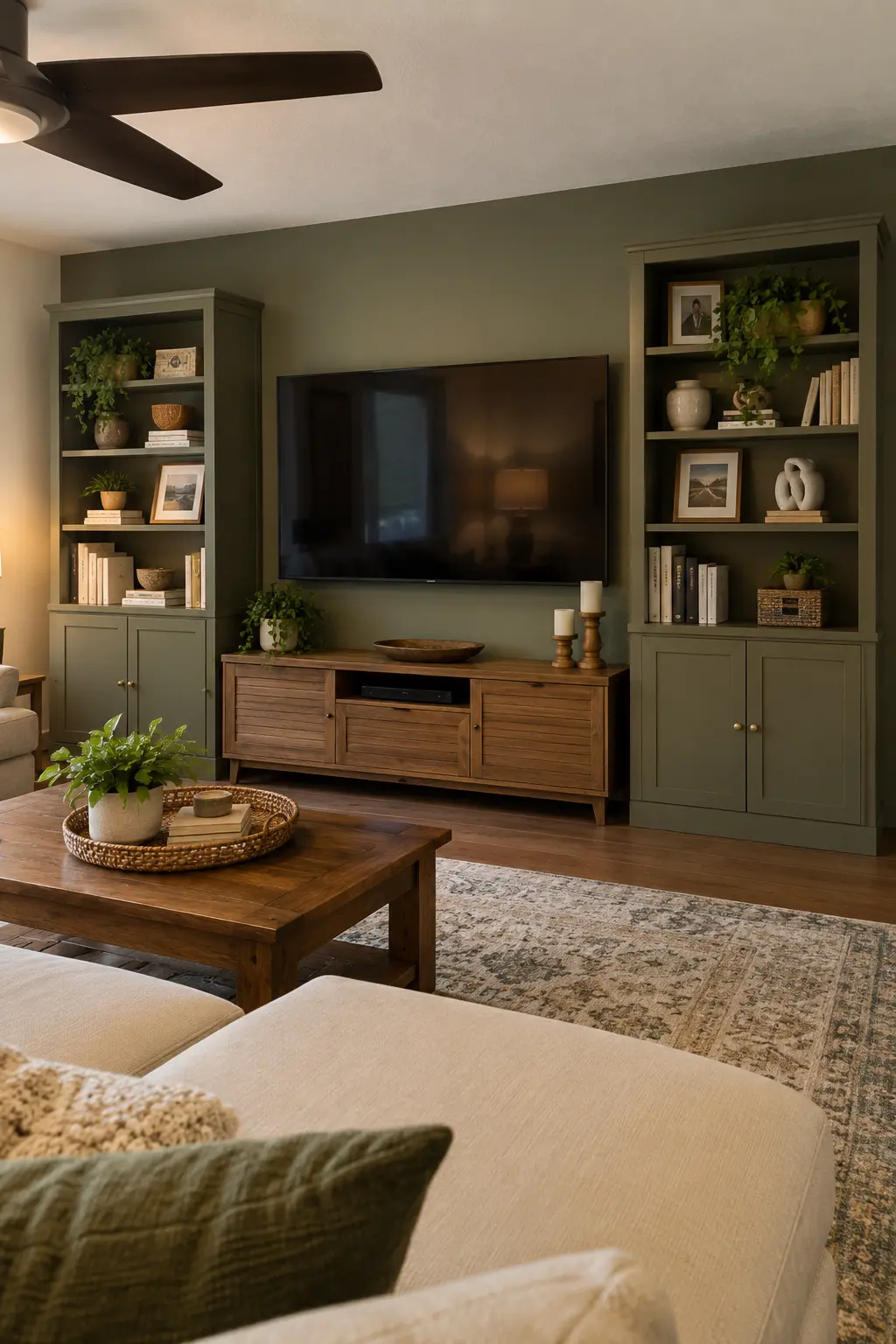 Use Bookcases as a Built-In Look in a realistic budget-friendly living room