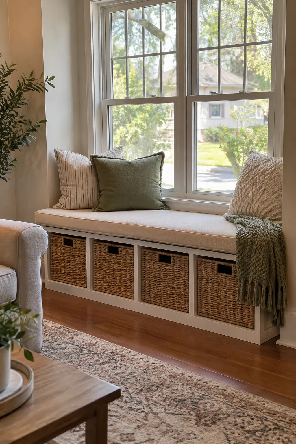 Make a Window Seat With Storage Cubes in a realistic budget-friendly living room