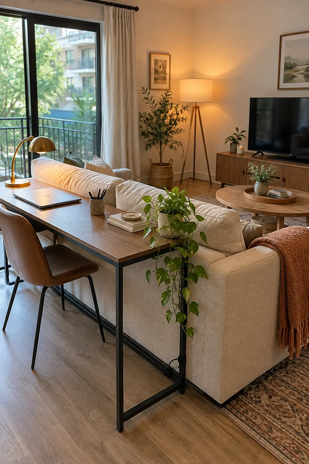 Float the Desk Behind the Sofa in a realistic budget-friendly living room