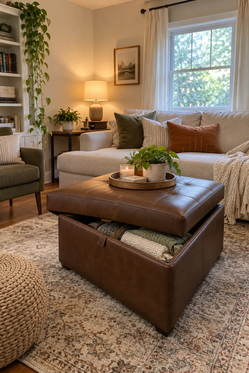 Use an Ottoman as Table, Seat, and Storage in a realistic budget-friendly living room