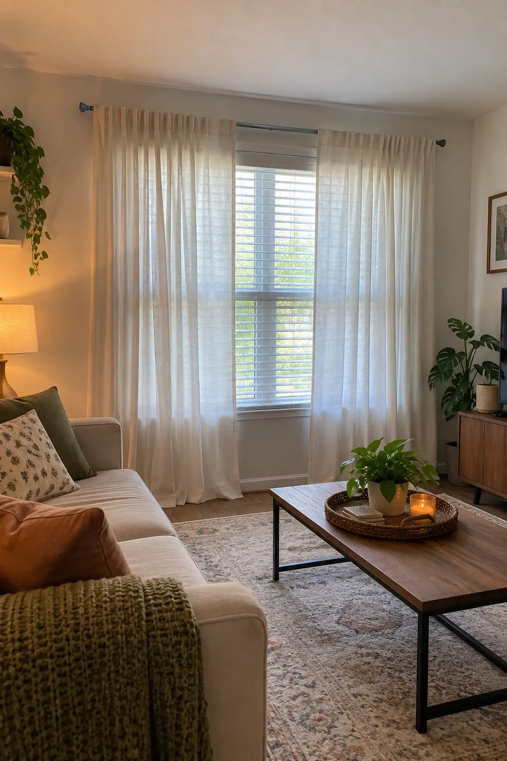 Cover Rental Blinds With Tension-Rod Curtains in a realistic budget-friendly living room