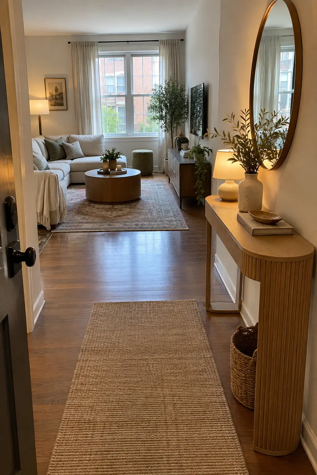 Add a Slim Console Behind the Entry Path in a realistic budget-friendly living room