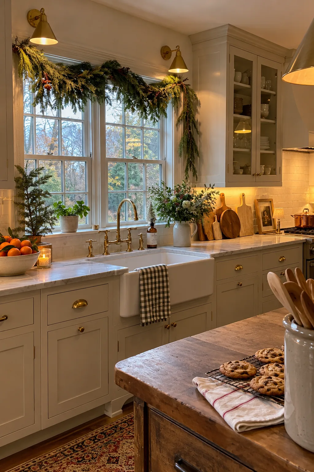 Give the Kitchen Sink a Quiet Holiday Moment in a warm Nancy Meyers-inspired Christmas home