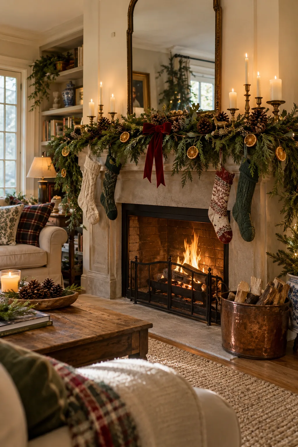 Layer the Mantel With Natural Greenery in a warm Nancy Meyers-inspired Christmas home