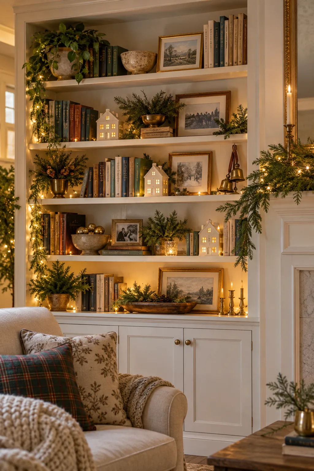 Decorate Bookshelves Without Hiding the Books in a warm Nancy Meyers-inspired Christmas home