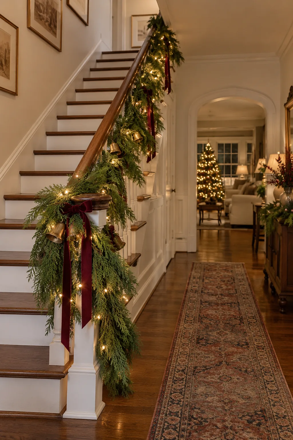 Dress the Stair Rail With Loose Cedar in a warm Nancy Meyers-inspired Christmas home
