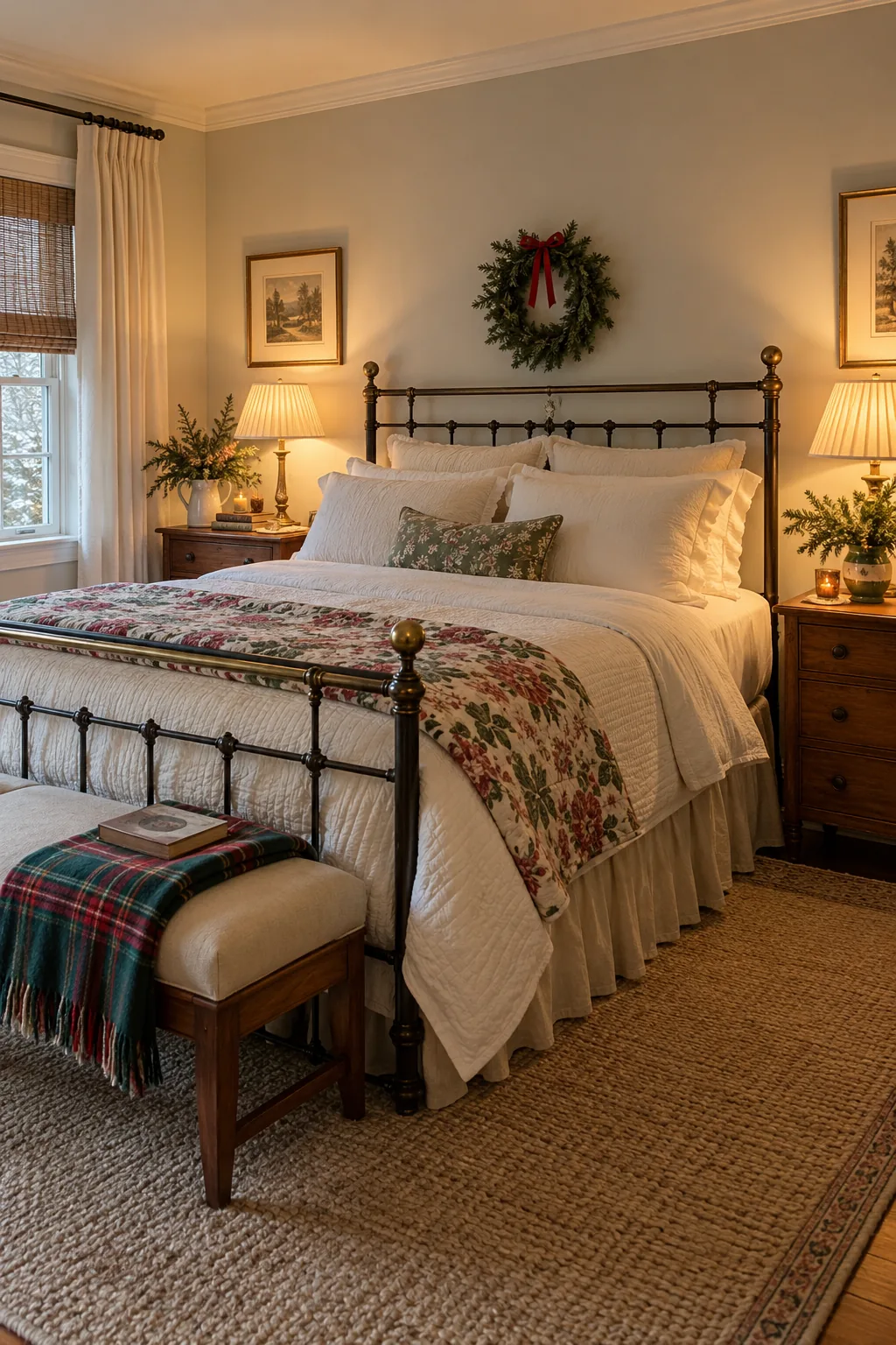 Add a Simple Wreath Above the Bed in a warm Nancy Meyers-inspired Christmas home