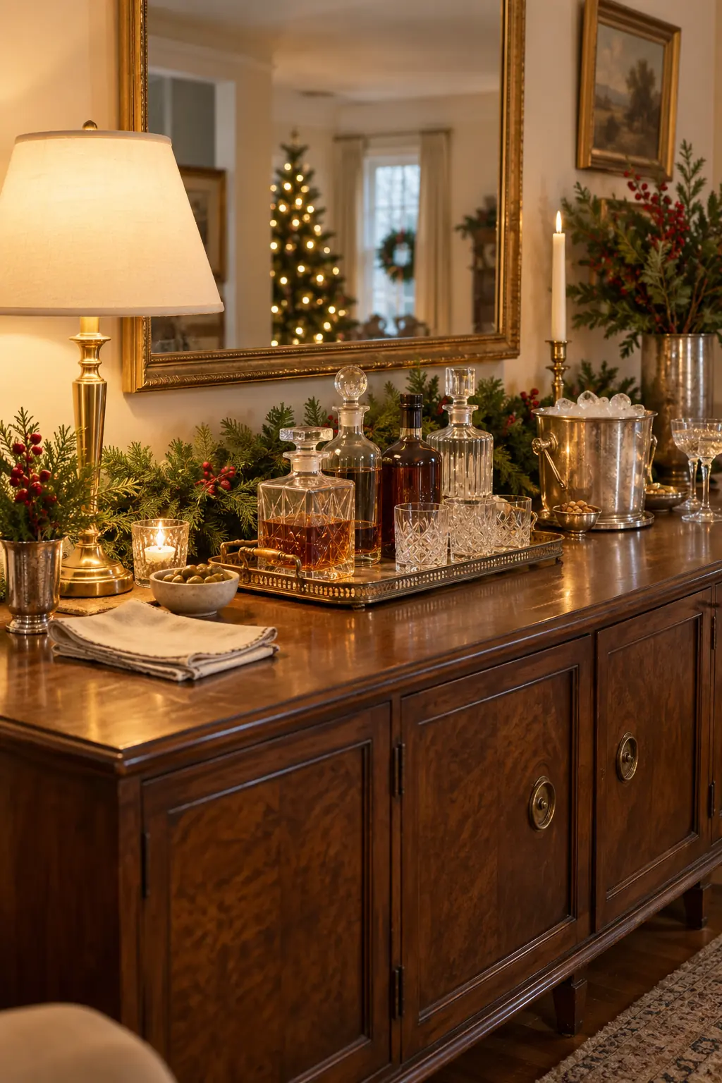 Turn a Sideboard Into a Holiday Drinks Station in a warm Nancy Meyers-inspired Christmas home
