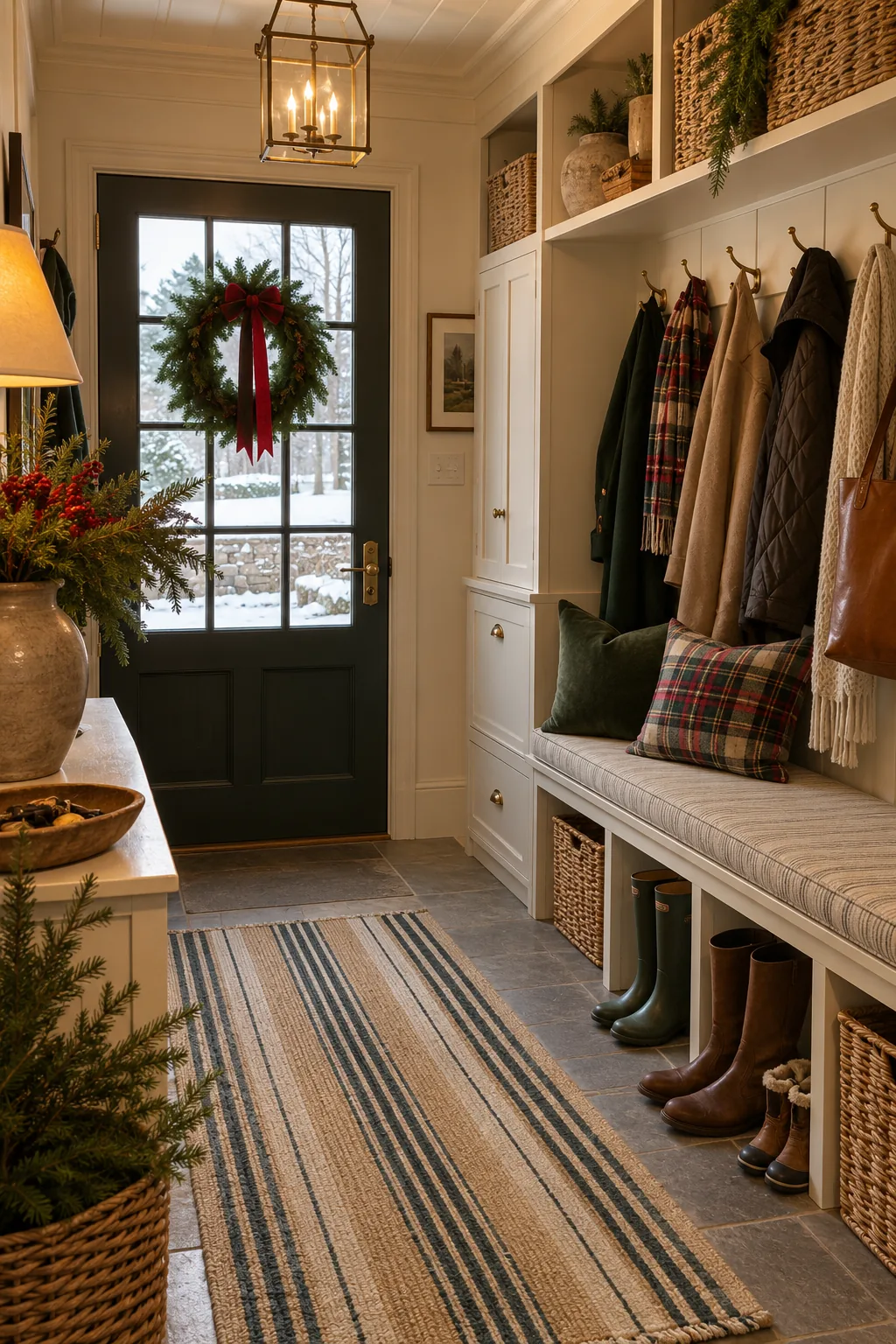 Keep the Mudroom Useful and Seasonal in a warm Nancy Meyers-inspired Christmas home