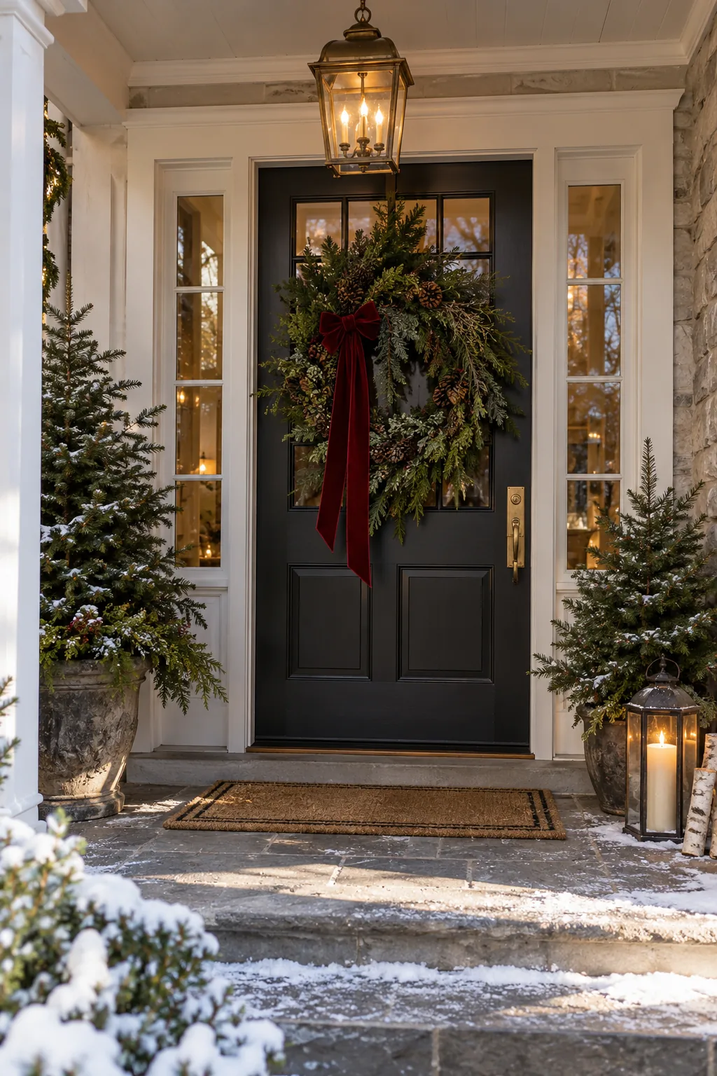 Use a Full Wreath on the Front Door in a warm Nancy Meyers-inspired Christmas home