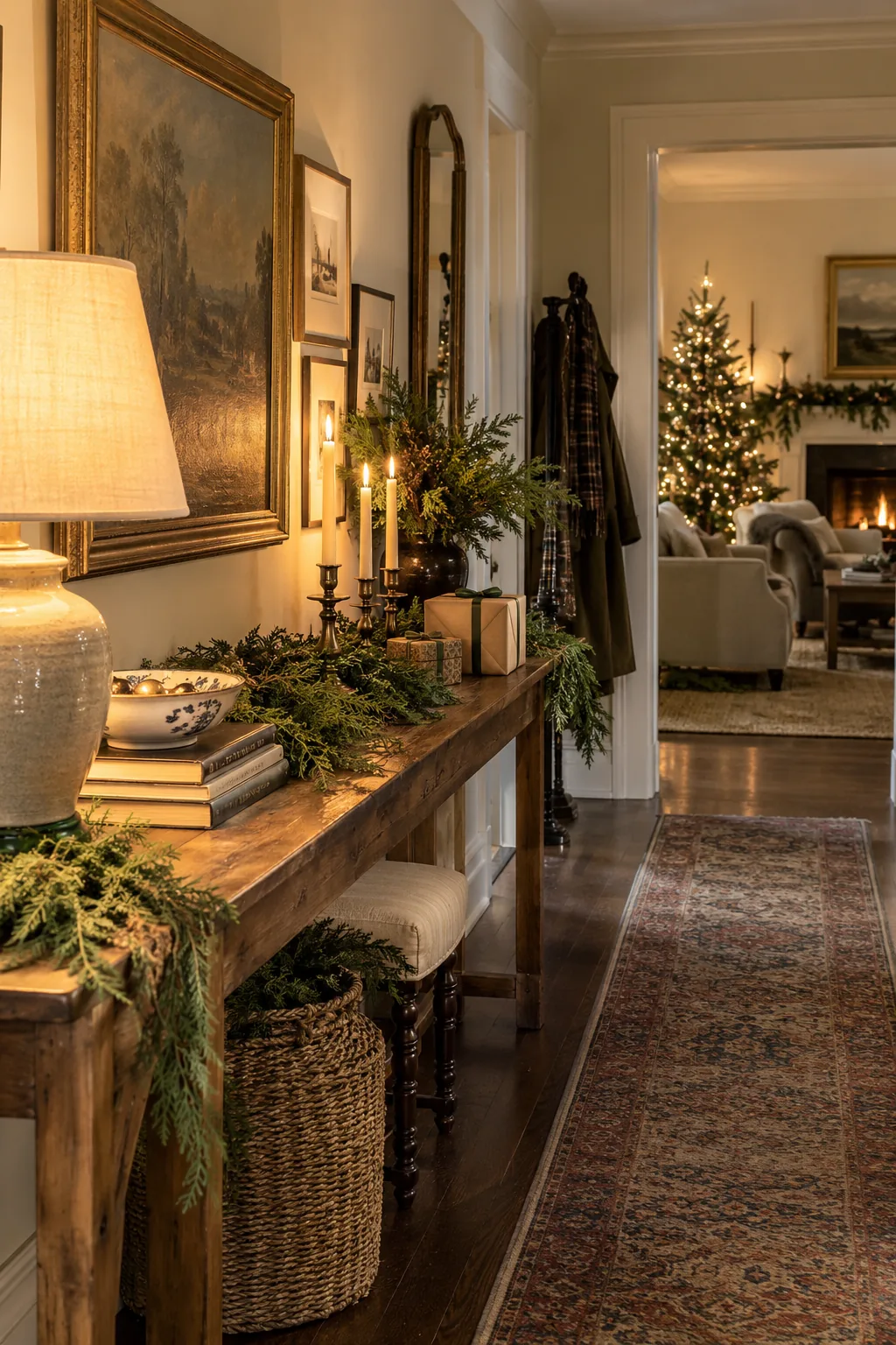 Layer a Narrow Hall Console in a warm Nancy Meyers-inspired Christmas home