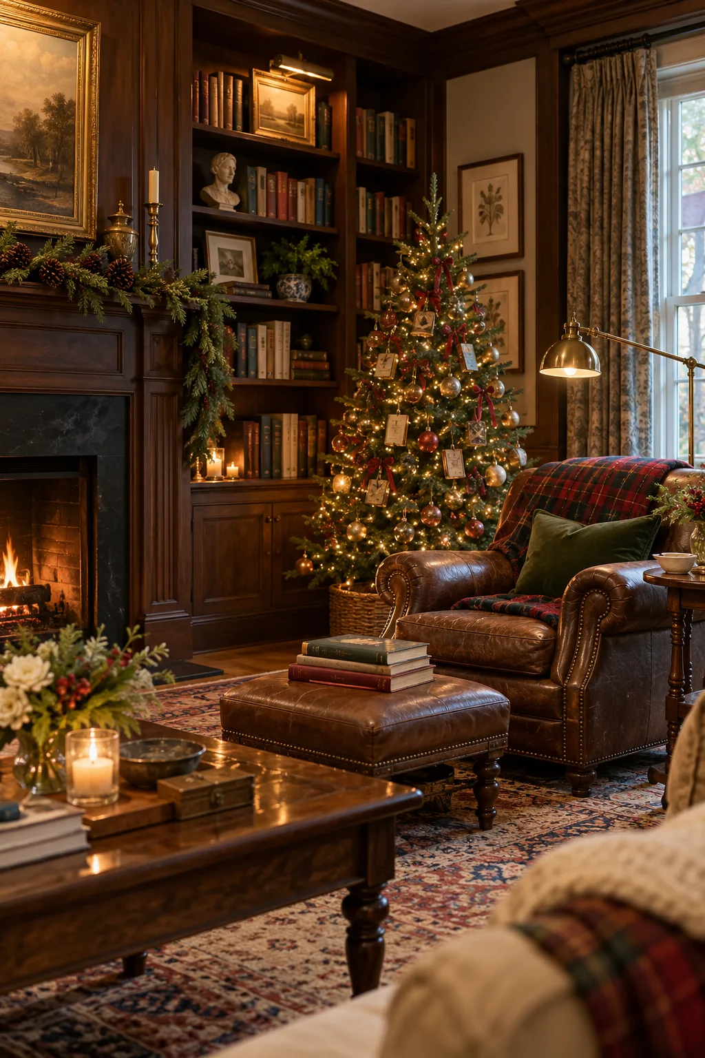 Give the Library a Bookish Christmas Tree in a warm Nancy Meyers-inspired Christmas home