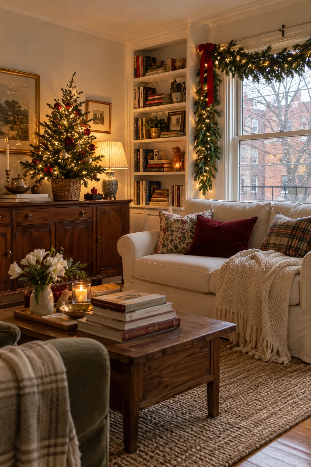 Scale the Look for a Small Living Room in a warm Nancy Meyers-inspired Christmas home