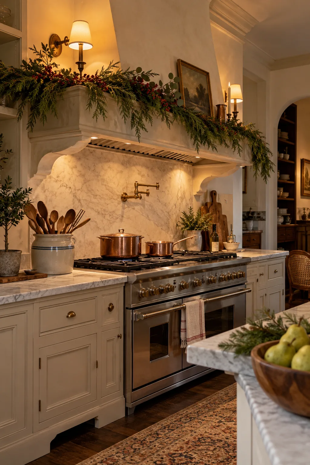 Decorate the Range Alcove Safely in a warm Nancy Meyers-inspired Christmas home