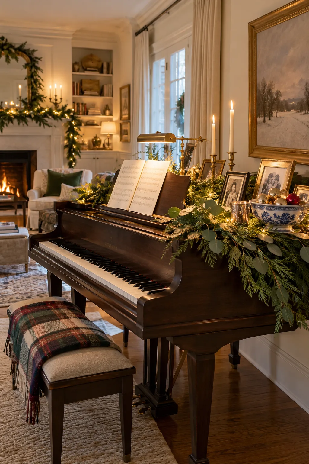 Add Greenery to the Family Piano in a warm Nancy Meyers-inspired Christmas home