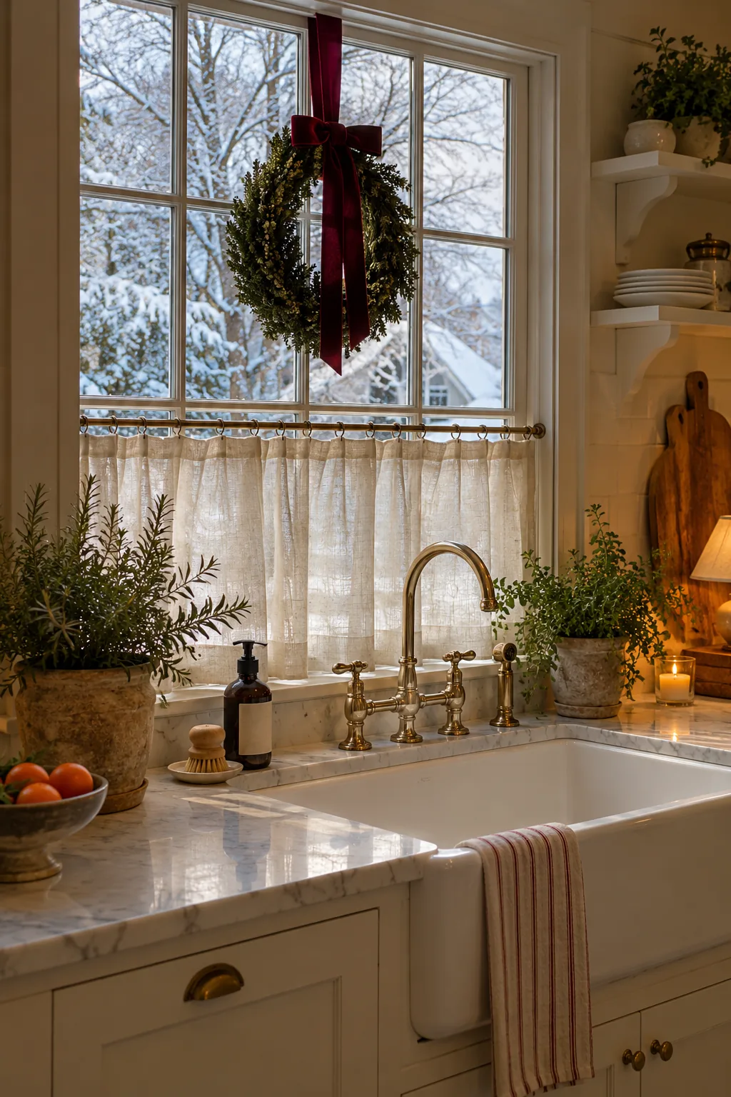 Hang a Small Wreath in the Kitchen Window in a warm Nancy Meyers-inspired Christmas home